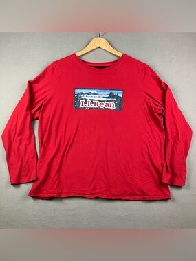 L.L. Bean Women’s Shirt Size 1X Plus Camp PJ Top Red Winter Mountain Logo